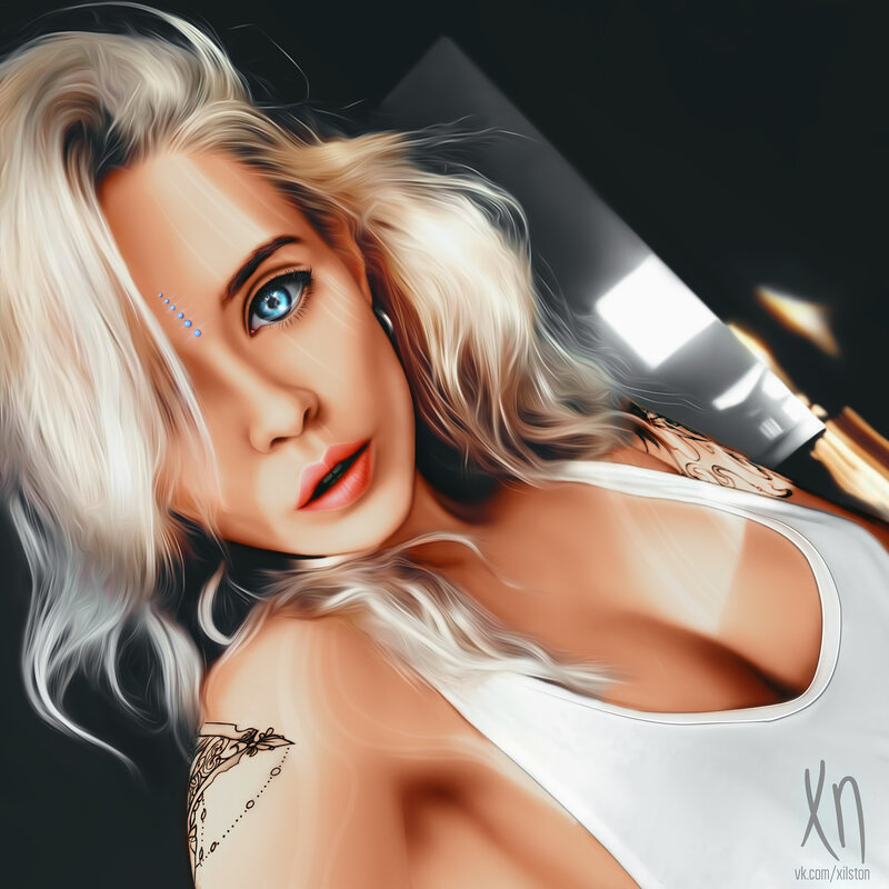 Woman with Blonde Hair — White, Dramatic, Digital Art, Tattoo