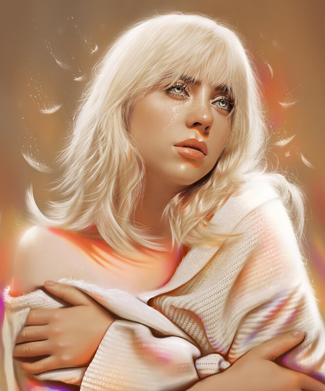 Woman with Blonde Hair — White, Dramatic, Digital Art, Tears