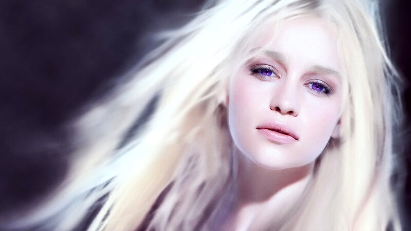 Woman with Blonde Hair — White, Dramatic, Photograph, Blonde Hair, Purple Eyes