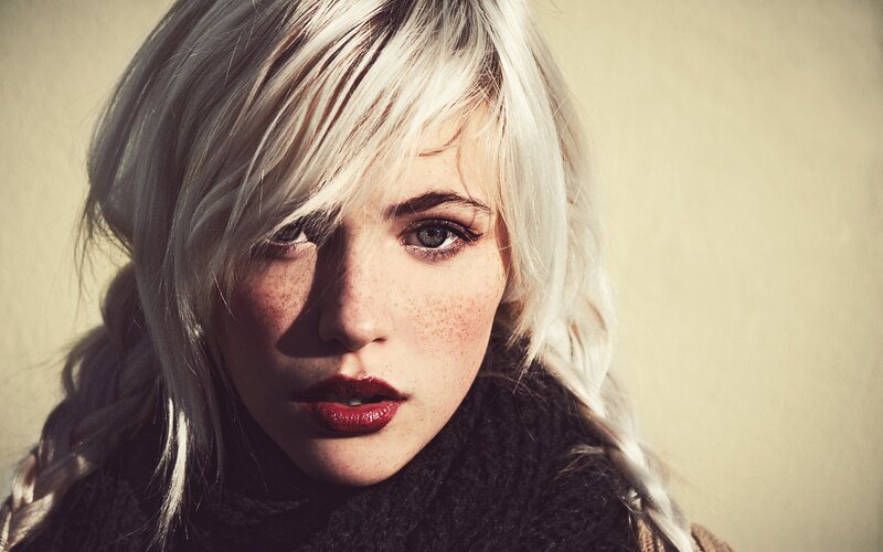 Woman with Blonde Hair — White, Dramatic, Photograph, Freckles, Red Lipstick, Scarf