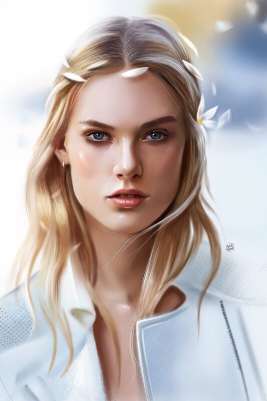 Woman with Blonde Hair — White, Serene, Digital Art, Flowers, Jacket