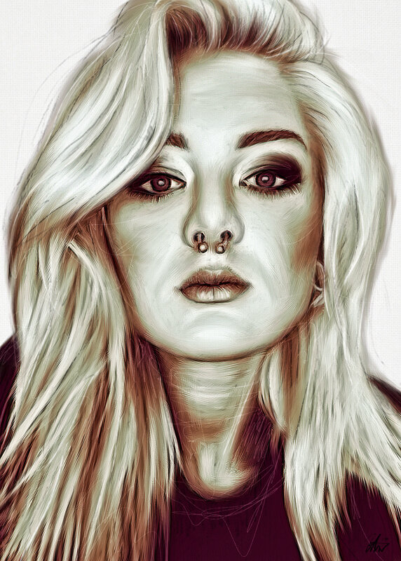 Woman with Blonde Hair — White, Serious, Digital Art