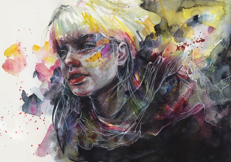 Woman with Blonde Hair — Yellow, Dramatic, Illustration, Paint Splatters