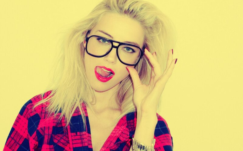 Woman with Blonde Hair — Yellow, Playful, Photograph, Glasses, Red Lipstick