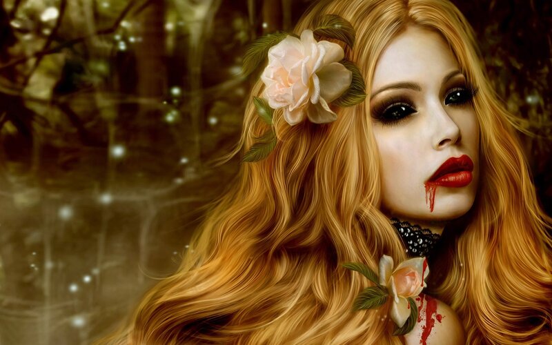 woman with blood and flowers