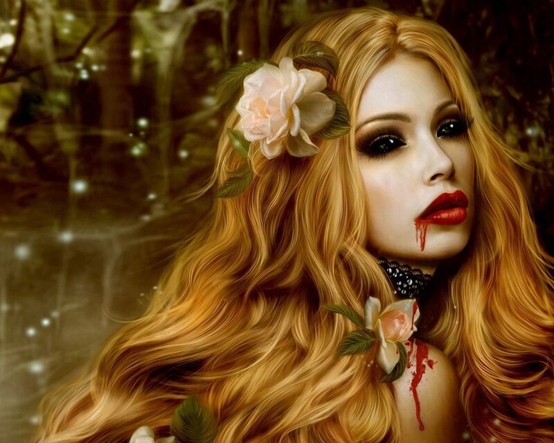 woman with blood and flowers