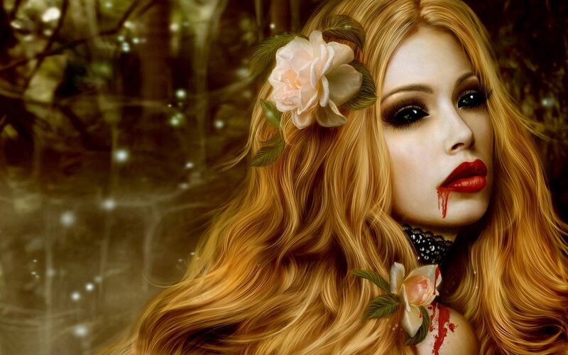 woman with blood and flowers