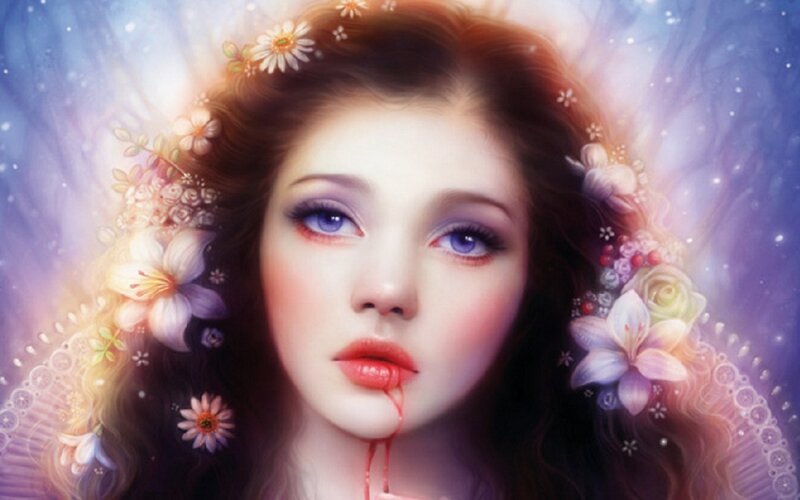 Woman with Blood on Chin — Purple, Dramatic
