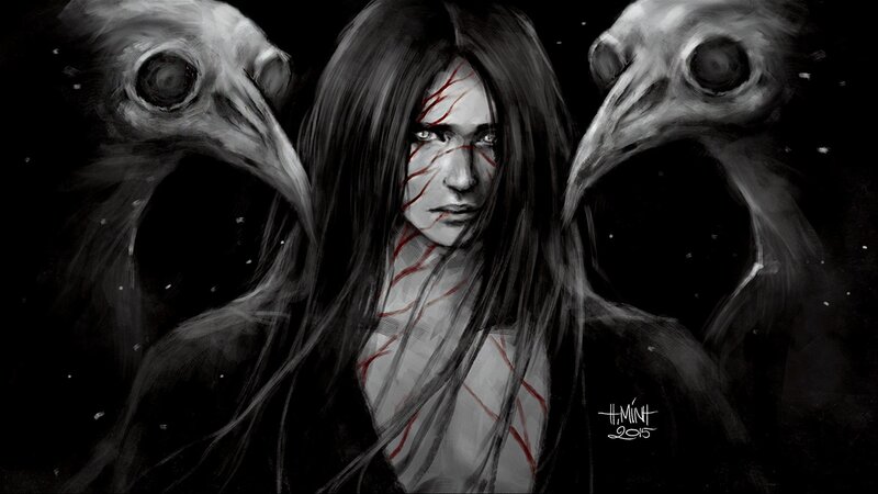 Woman with Blood on Face — Black, Dark, Night, Digital Art, Crows