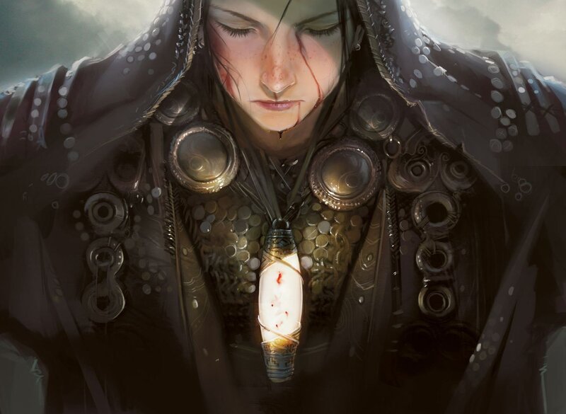 Woman with Blood on Face — Black, Dramatic, Digital Art, Necklace, Hooded Cloak, White