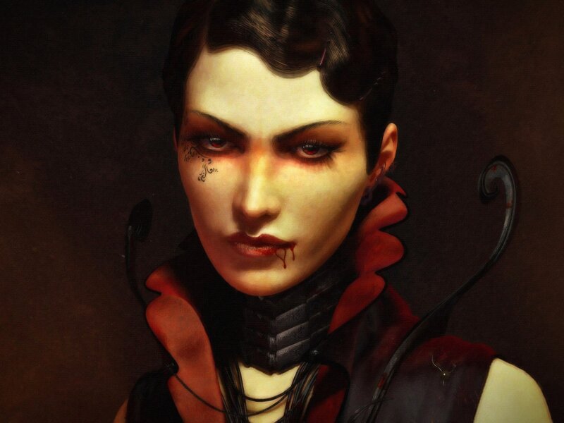 Woman with Blood on Face — Black, Dramatic, Digital Art, Tattoo, Red Collar