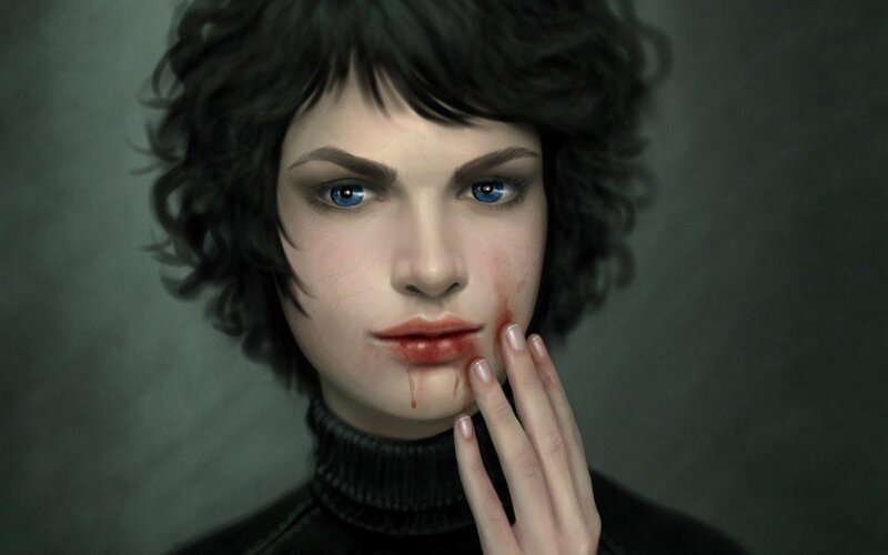 Woman with Blood on Face — Black, Dramatic, Digital Art