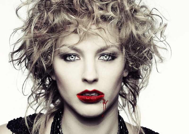 Woman with Blood on Face — Black, Dramatic, Photograph, Red Lipstick