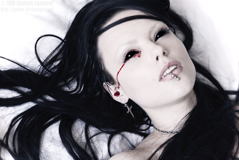 Woman with Blood on Face — Black, Dramatic, Photograph