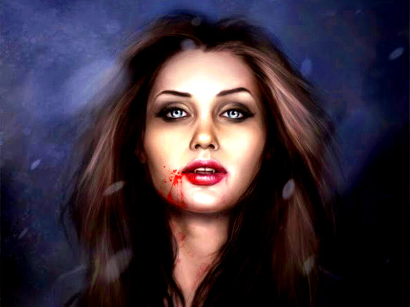 Woman with Blood on Face — Blue, Dramatic, Digital Art