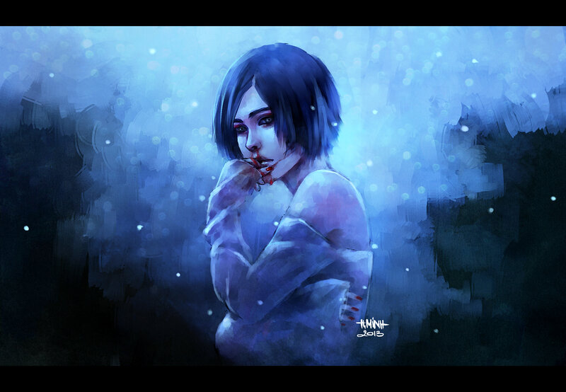 Woman with Blood on Face — Blue, Dramatic, Somber