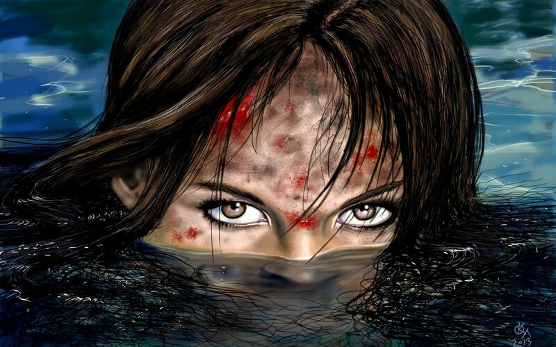 Woman with Blood on Face — Blue, Dramatic
