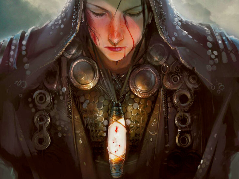 Woman with Blood on Face — Brown, Dramatic, Digital Art, Necklace