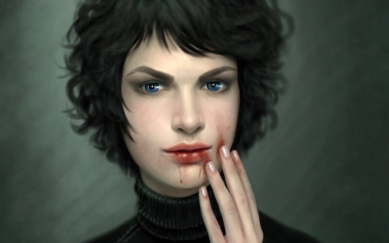 Woman with Blood on Face — Gray, Dramatic, Digital Art