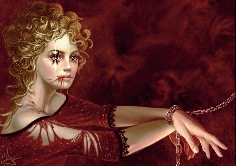 Woman with Blood on Face — Red, Dramatic, Digital Art, Chains