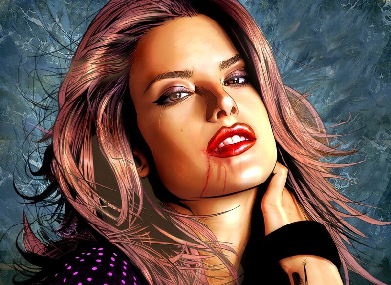 Woman with Blood on Face — Red, Dramatic, Digital Art, Hair
