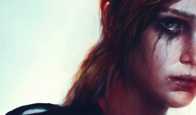 Woman with Blood on Face — Red, Dramatic, Digital Art, Tears