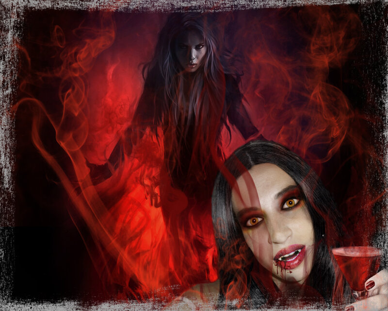 Woman with Blood on Face — Red, Dramatic, Digital Art
