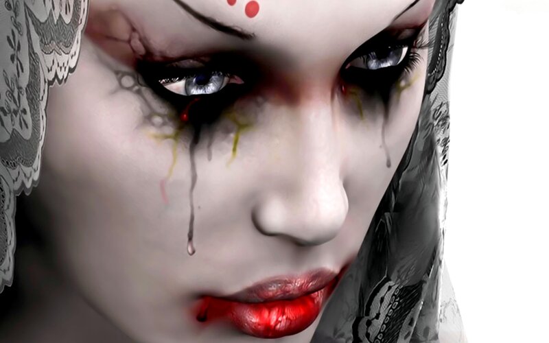 Woman with Blood Tears — White, Dramatic, Dark
