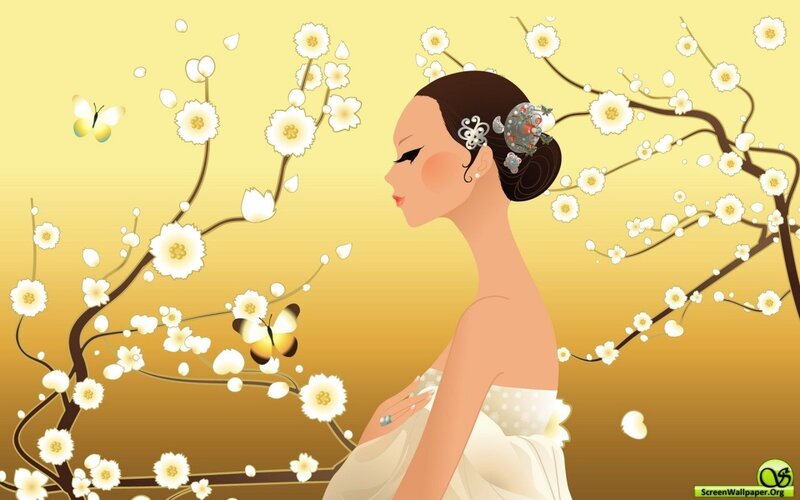 woman with blossoms and butterflies