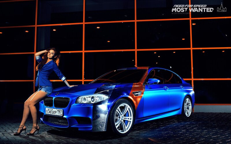 Woman with blue BMW car