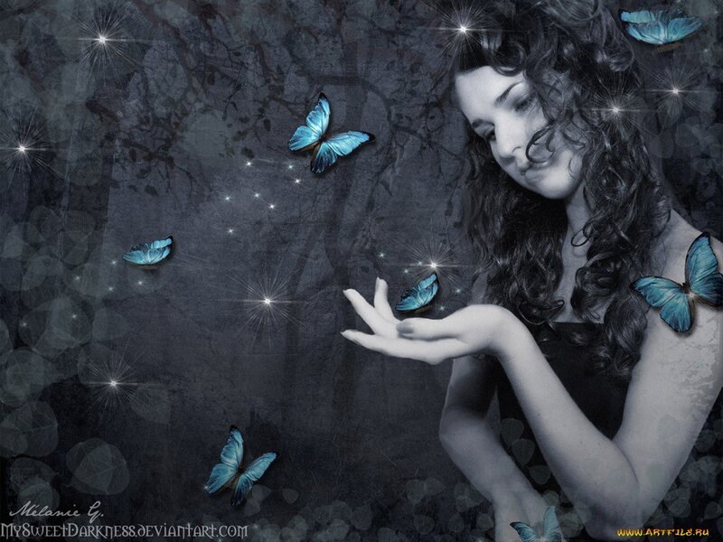 woman with blue butterflies