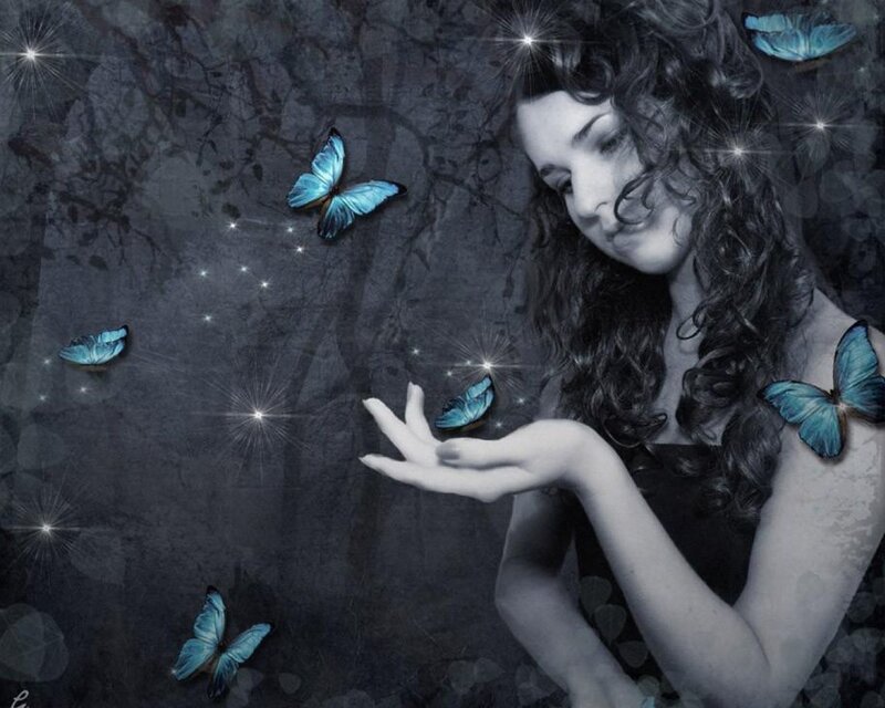 woman with blue butterflies