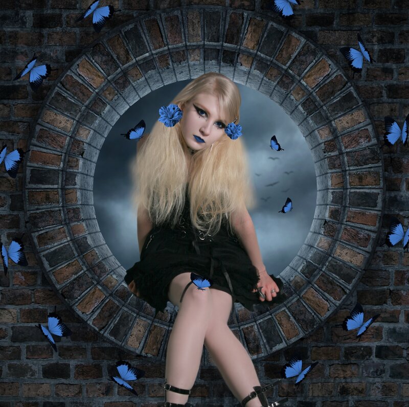 Woman with Blue Butterflies — Black