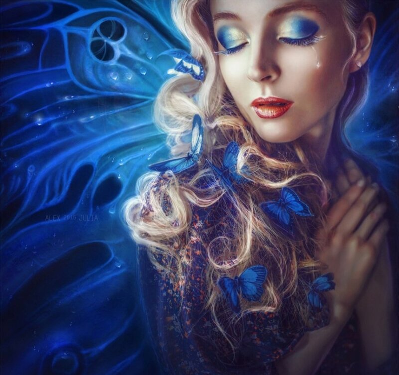 Woman with Blue Butterflies — Dramatic, Digital Art, Tear
