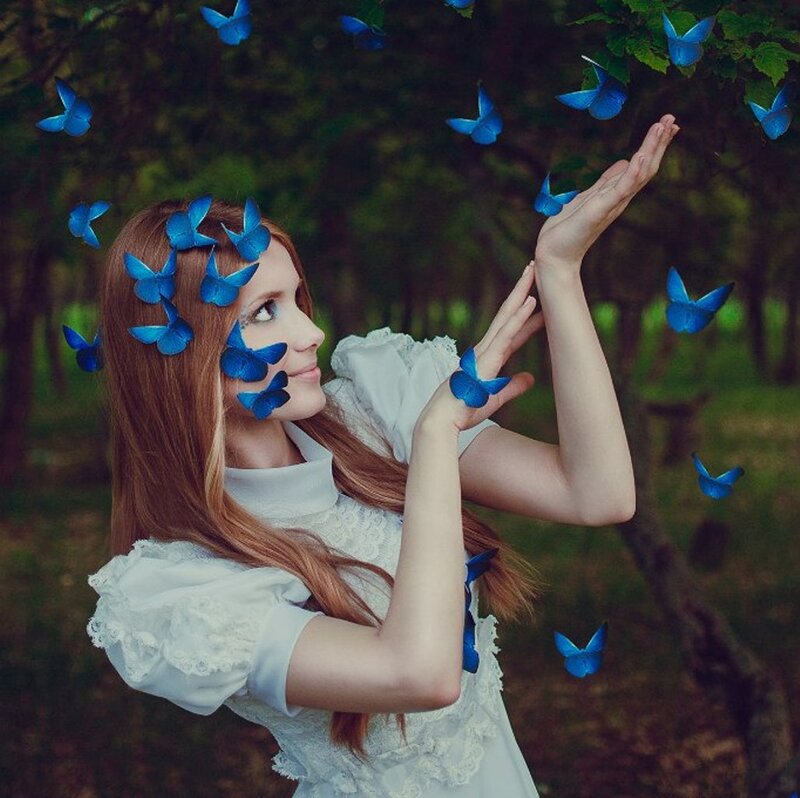 Woman with Blue Butterflies — Dreamy, Afternoon