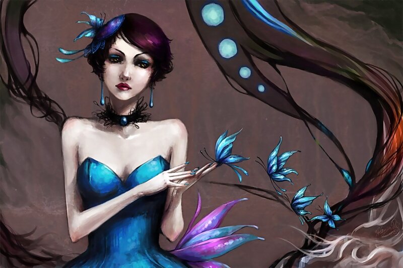 woman with blue butterflies