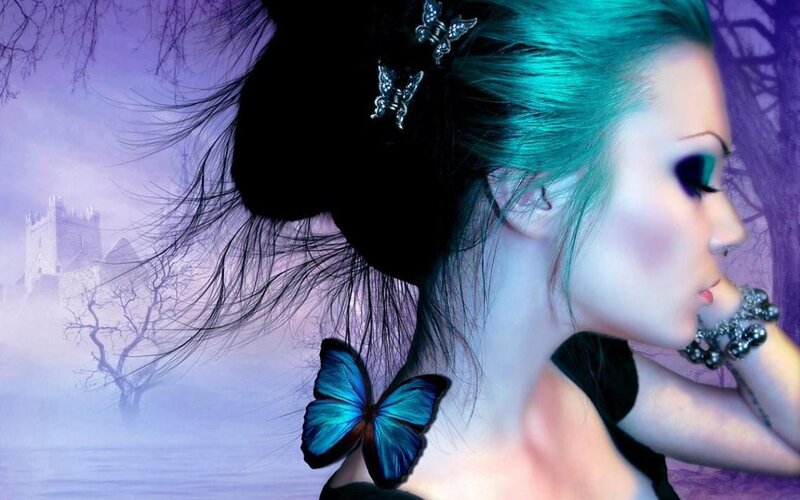 woman with blue butterfly
