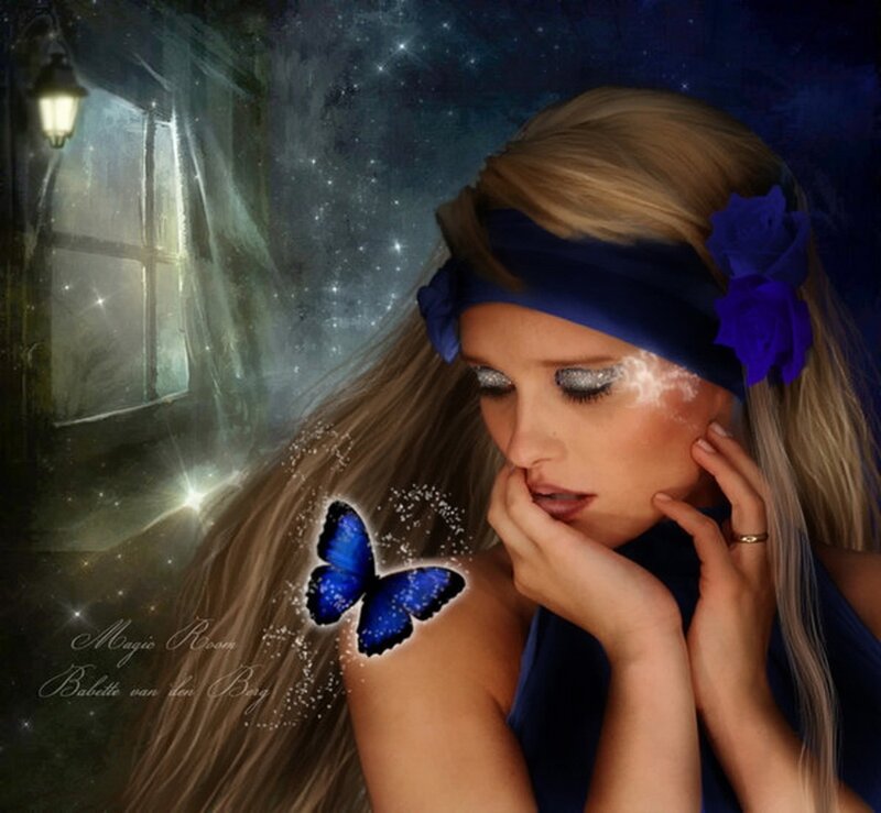 Woman with Blue Butterfly — Dreamy, Night, Digital Art, Rose