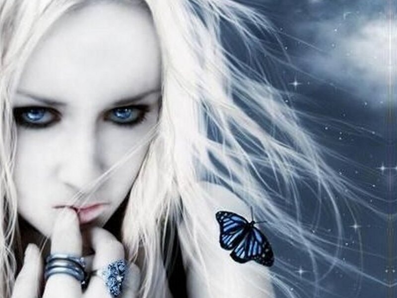 Woman with Blue Butterfly — White, Dramatic