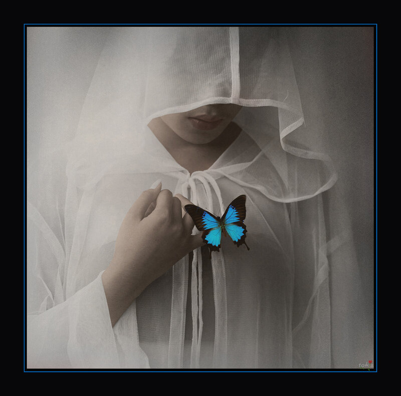 Woman with Blue Butterfly — White