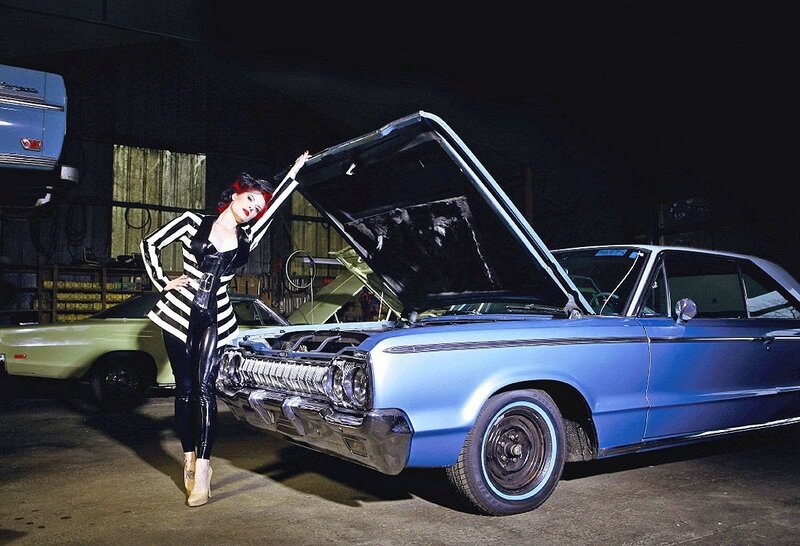 Woman with Blue Car — Dramatic, Night, Photograph