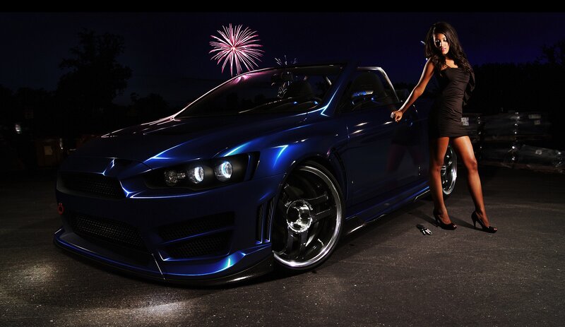 Woman with Blue Car — Dramatic, Night