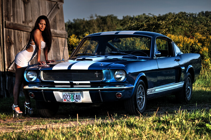Woman with Blue Car — Dramatic, Sunset, Photograph