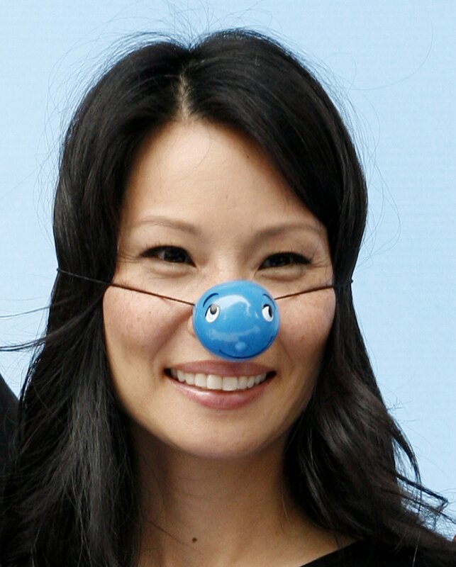 woman with blue clown nose