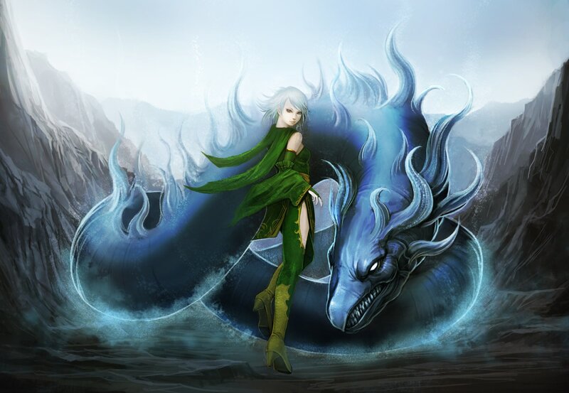 Woman with Blue Dragon — Green, Dramatic, Digital Art, Mountain