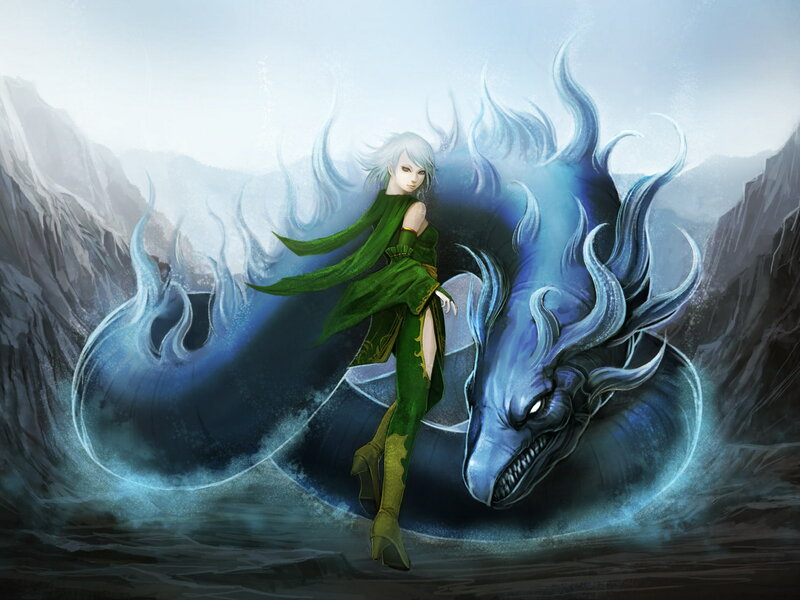 Woman with Blue Dragon — Green, Dramatic, Digital Art