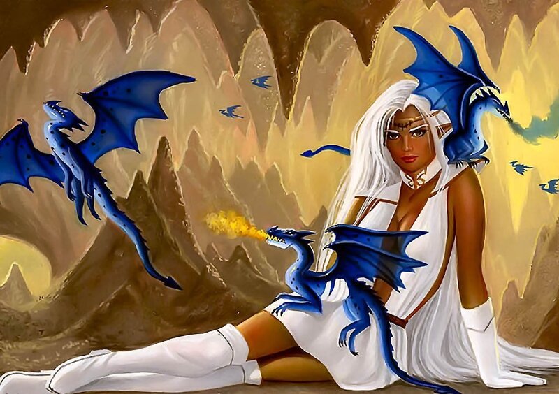 Woman with blue dragons in cave