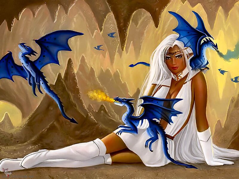 Woman with Blue Dragons — White