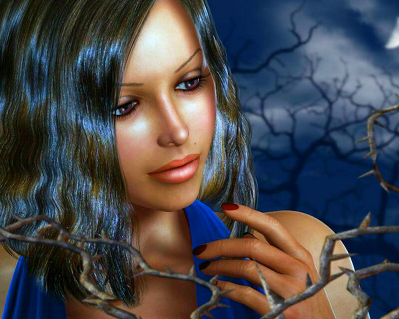 Woman with Blue Dress — Dramatic, Night, Digital Art