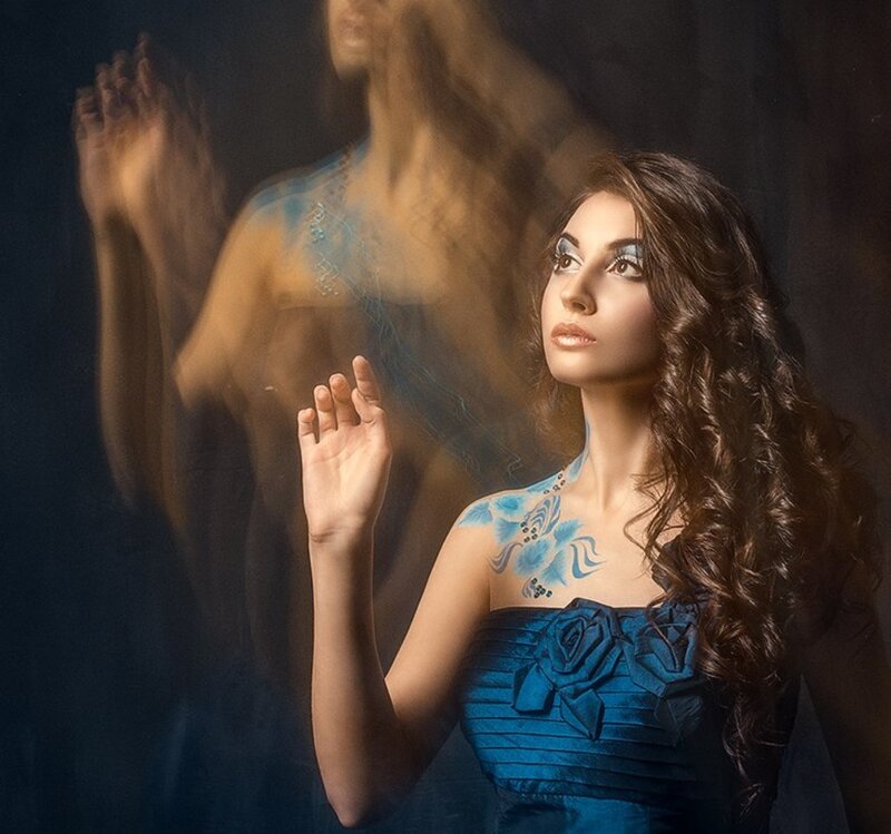 Woman with Blue Dress — Dramatic, Photograph, Blue Flowers